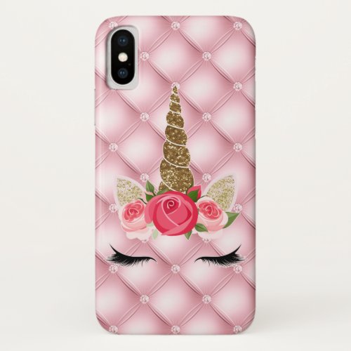 Gold Glitter  Pink Roses Unicorn Girl Trendy iPhone X Case