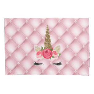Gold Glitter & Pink Roses Unicorn Girl Trendy Pillow Case