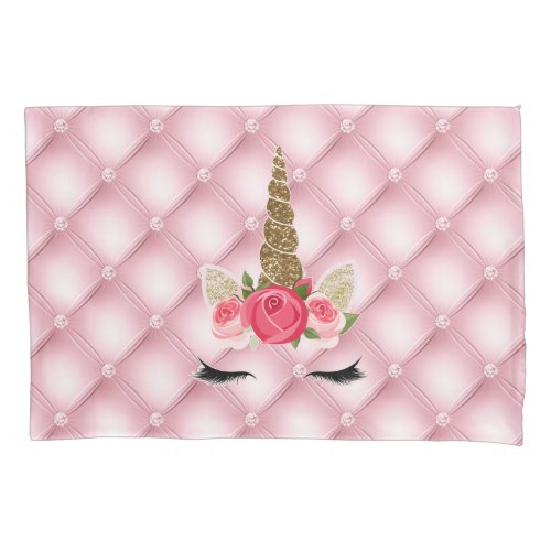Gold Glitter  Pink Roses Unicorn Girl Trendy Pillow Case