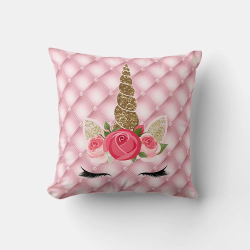 Gold Glitter  Pink Roses Unicorn Girl Trendy Throw Pillow