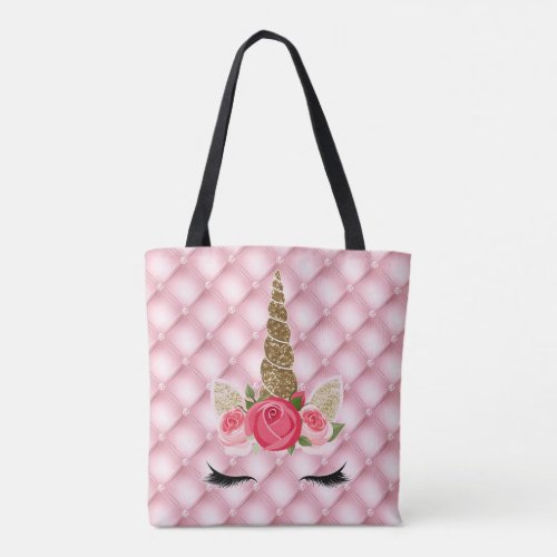 Gold Glitter  Pink Roses Unicorn Girl Trendy Tote Bag