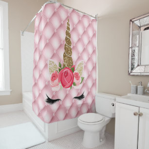 Gold Glitter & Pink Roses Unicorn Shower Curtain