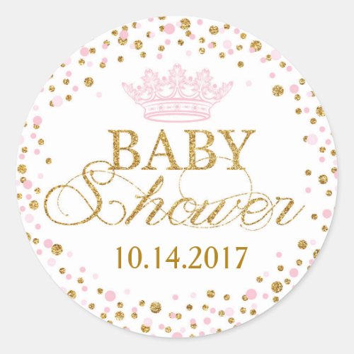 Gold Glitter Pink Royal Princess Baby Shower Classic Round Sticker