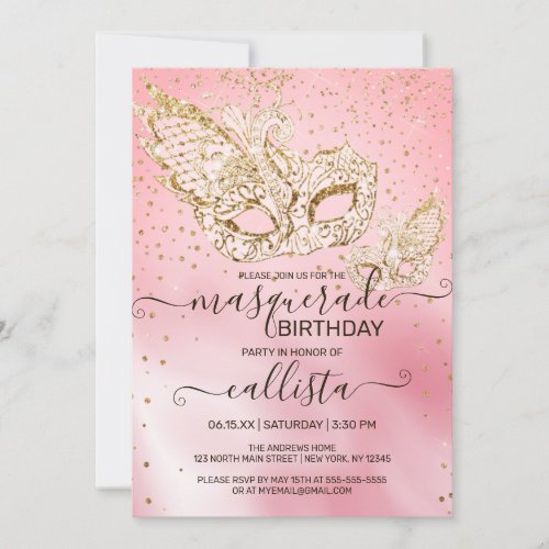 Gold Glitter Pink Silk Masquerade Birthday Invitation