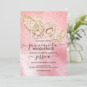 Gold Glitter Pink Silk Masquerade Quinceañera Invitation (Standing Front)