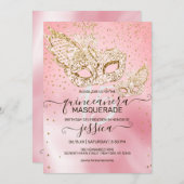 Gold Glitter Pink Silk Masquerade Quinceañera Invitation (Front/Back)