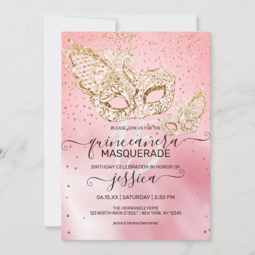 Gold Glitter Pink Silk Masquerade Quinceaera Invitation
