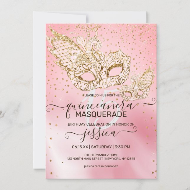 Gold Glitter Pink Silk Masquerade Quinceañera Invitation (Front)
