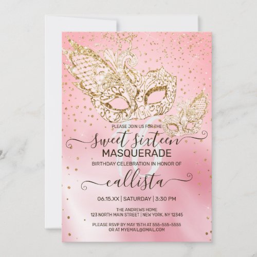 Gold Glitter Pink Silk Masquerade Sweet 16 Invitation