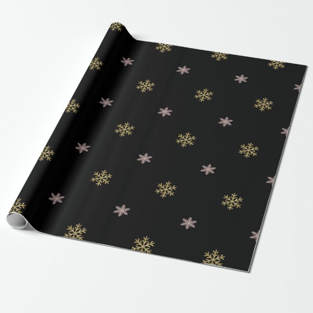 Gold glitter & pink snowflakes on black Christmas Wrapping Paper (Unrolled)