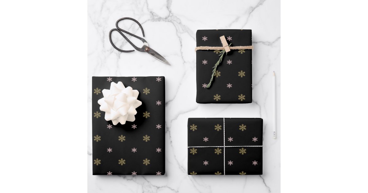 Gold glitter & pink snowflakes on black Christmas Wrapping Paper