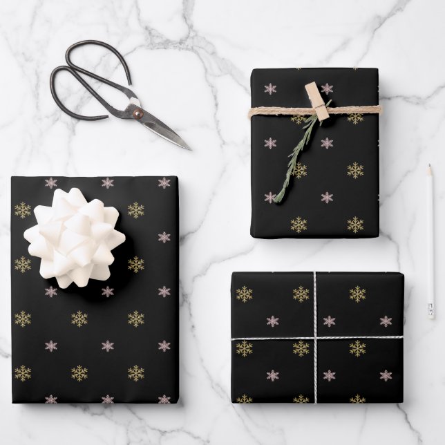 Gold glitter & pink snowflakes on black Christmas Wrapping Paper Sheets (Front)