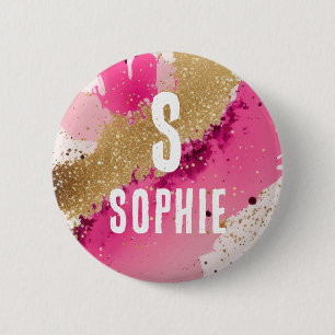 Gold Glitter Pink Splatter Monogram Personalized Button