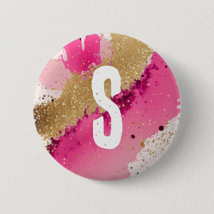 Gold Glitter Pink Splatter Monogram Personalized Button