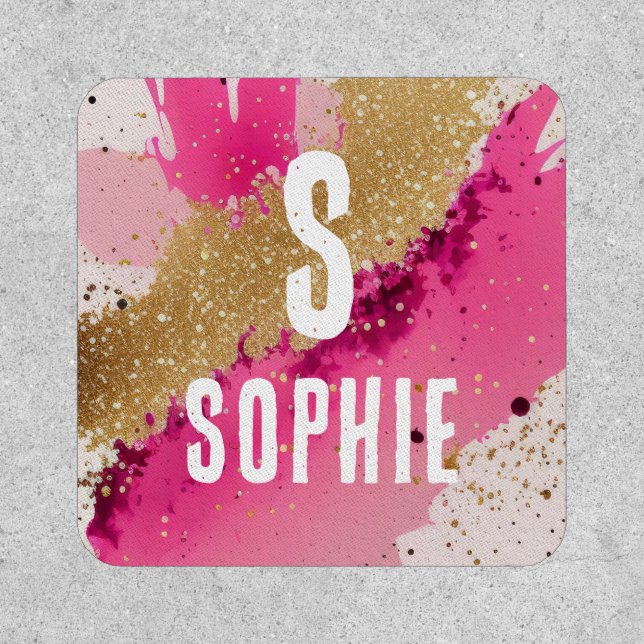 Gold Glitter Pink Splatter Monogram Personalized Patch (Front)