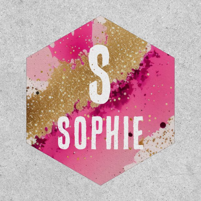 Gold Glitter Pink Splatter Monogram Personalized Patch (Front)