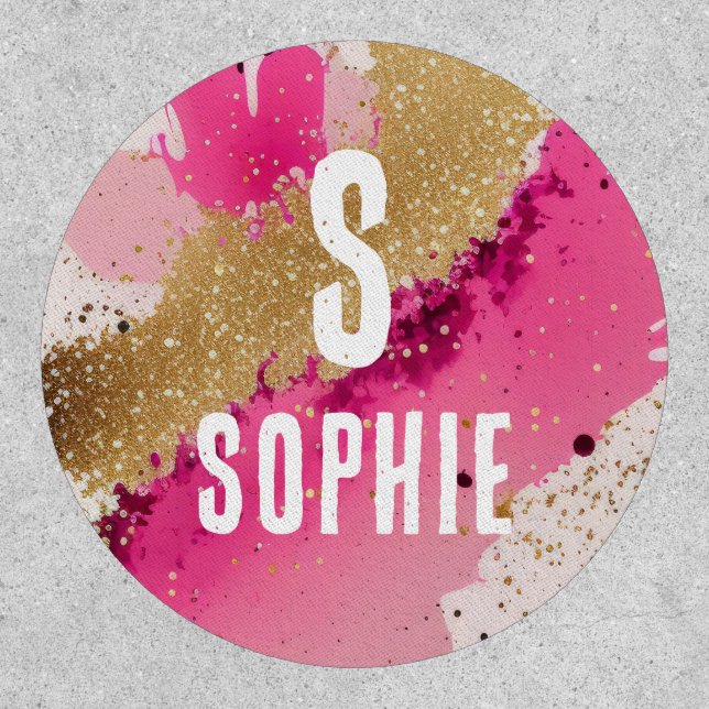 Gold Glitter Pink Splatter Monogram Personalized Patch (Front)