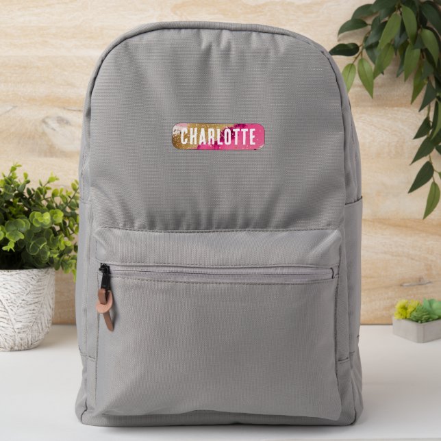 Gold Glitter Pink Splatter Personalized Name Patch (On Backpack)