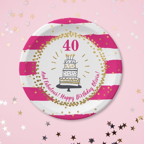 Gold Glitter Pink Stripe Any Age Happy Birthday Paper Plates