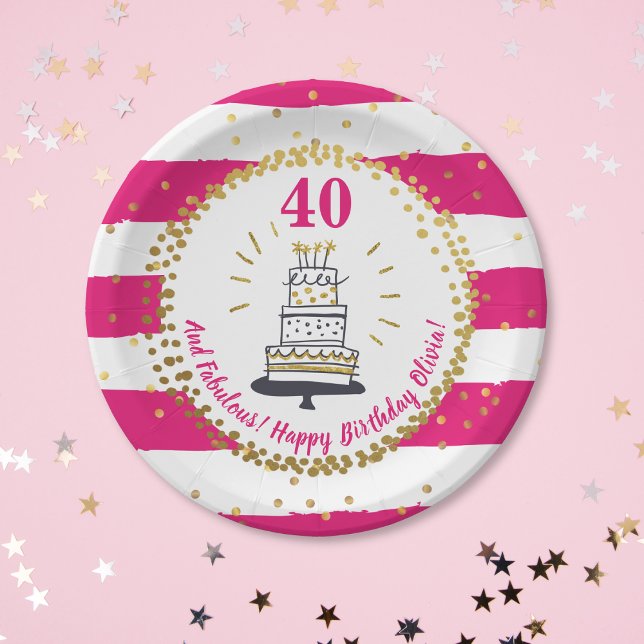 Gold Glitter Pink Stripe Any Age Happy Birthday Paper Plates (Creator Uploaded)