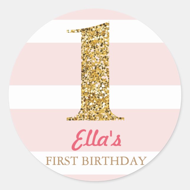 Gold Glitter & Pink Stripe First Birthday Stickers (Front)