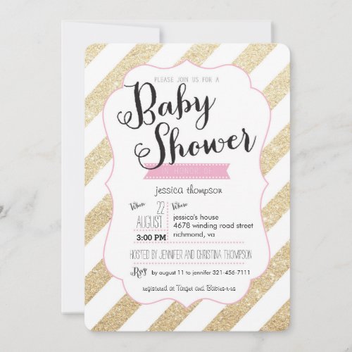 Gold Glitter &amp; Pink Stripes Baby Shower Invite