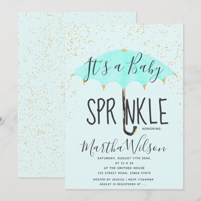 Gold glitter pink umbrella chic baby sprinkle invitation (Front/Back)