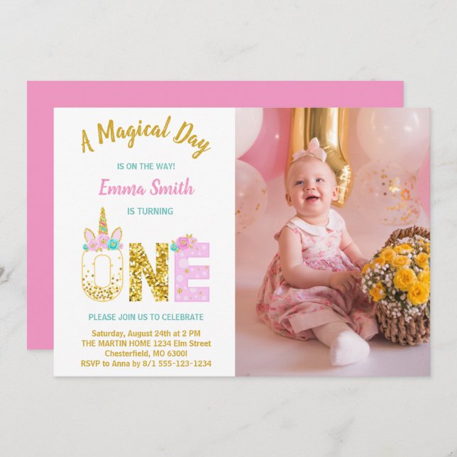 Gold Glitter Pink Unicorn 1st Birthday Photo Invitation (Front/Back)