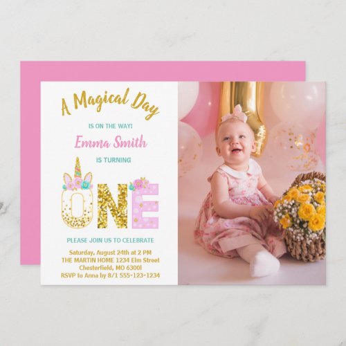 Gold Glitter Pink Unicorn 1st Birthday Photo Invitation