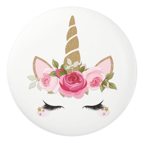 Gold Glitter Pink Unicorn Floral Roses Cute Trendy Ceramic Knob