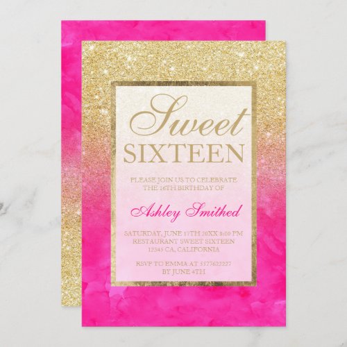 Gold glitter pink watercolor elegant chic Sweet 16 Invitation