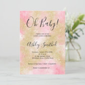 Gold glitter pink watercolor script baby shower invitation (Standing Front)