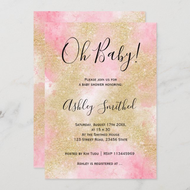Gold glitter pink watercolor script baby shower invitation (Front/Back)