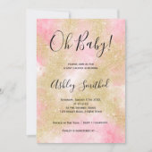 Gold glitter pink watercolor script baby shower invitation (Front)