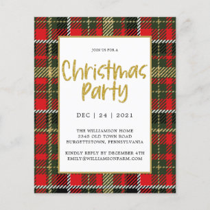 Gold Glitter Plaid Budget Christmas Party Invite