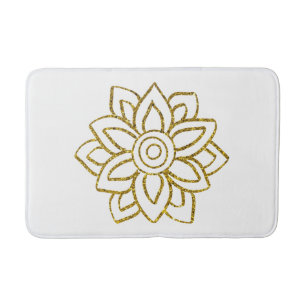 Gold Glitter Poinsettia Christmas White Bath Mat