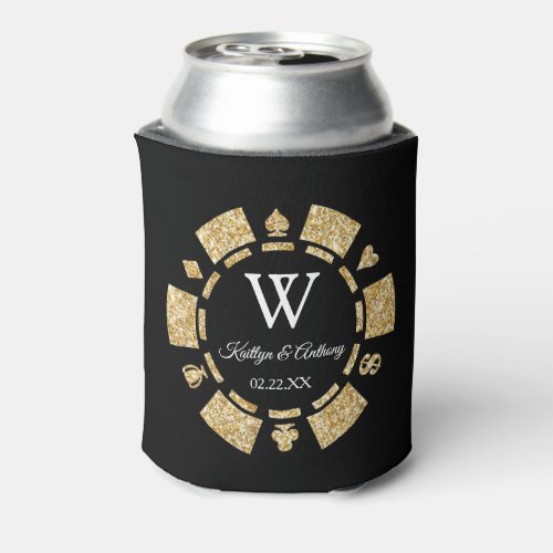 Gold Glitter Poker Chip Casino Wedding Can Cooler