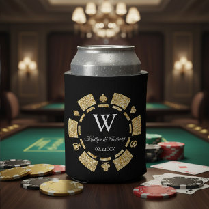 Gold Glitter Poker Chip Casino Wedding Can Cooler