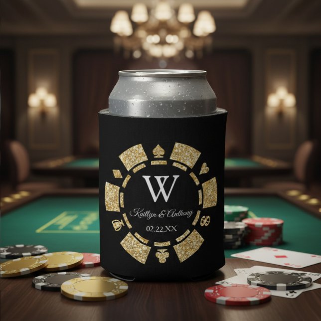 Gold Glitter Poker Chip Casino Wedding Can Cooler (Creator Uploaded)