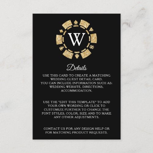 Gold Glitter Poker Chip Casino Wedding Detail Enclosure Card