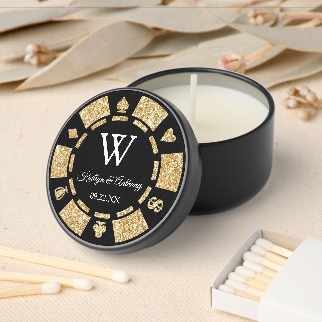 Gold Glitter Poker Chip Casino Wedding Mini Candle Favors (Insitu)