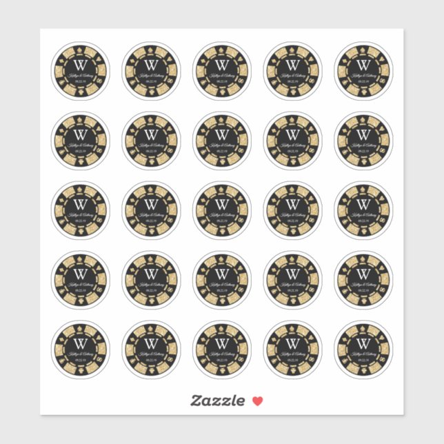 Gold Glitter Poker Chip Casino Wedding Party 3cm Sticker (Sheet)