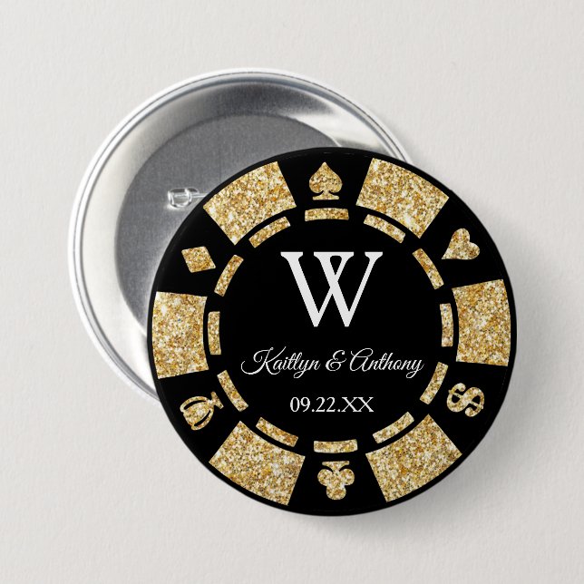 Gold Glitter Poker Chip Casino Wedding Party Favor Button (Front & Back)
