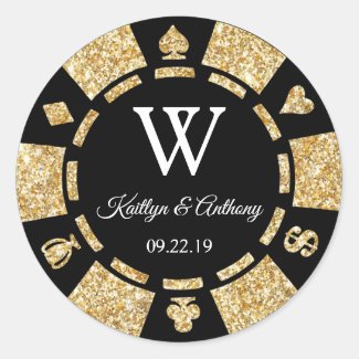 Gold Glitter Poker Chip Casino Wedding Party Favor Classic Round Sticker