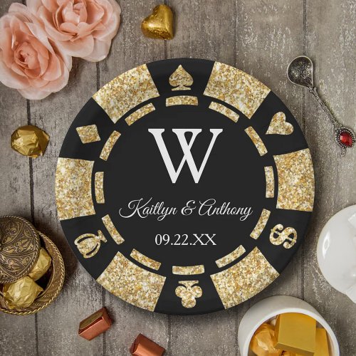Gold Glitter Poker Chip Casino Wedding Party Paper Plates