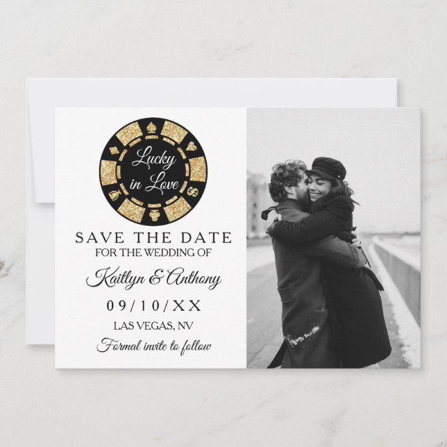 Gold Glitter Poker Chip Casino Wedding Photo Save The Date (Front)