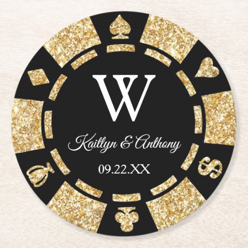 Gold Glitter Poker Chip Casino Wedding Round Paper Coaster