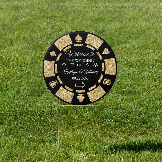 Gold Glitter Poker Chip Casino Wedding Welcome Sign (Insitu)