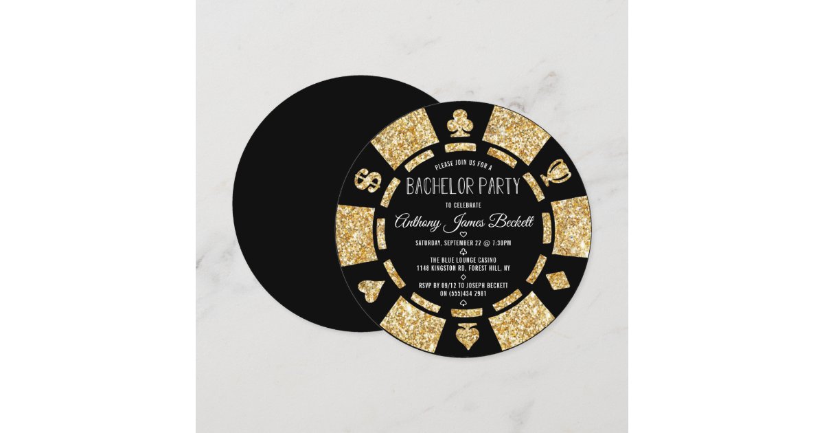 Gold Glitter Poker Chip Las Vegas Bachelor Party Invitation ...