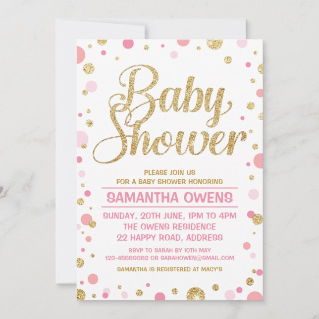 Gold glitter polka dot Baby Girl Shower Invitation (Front)